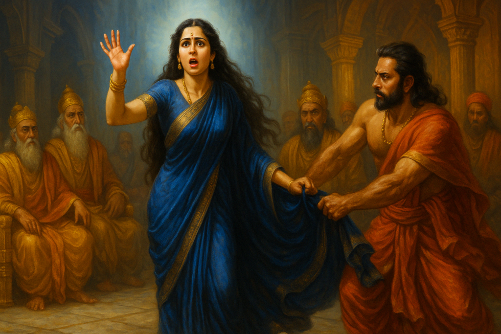 Draupadi in Mahabharata protesting in the Kaurava court during disrobing attempt