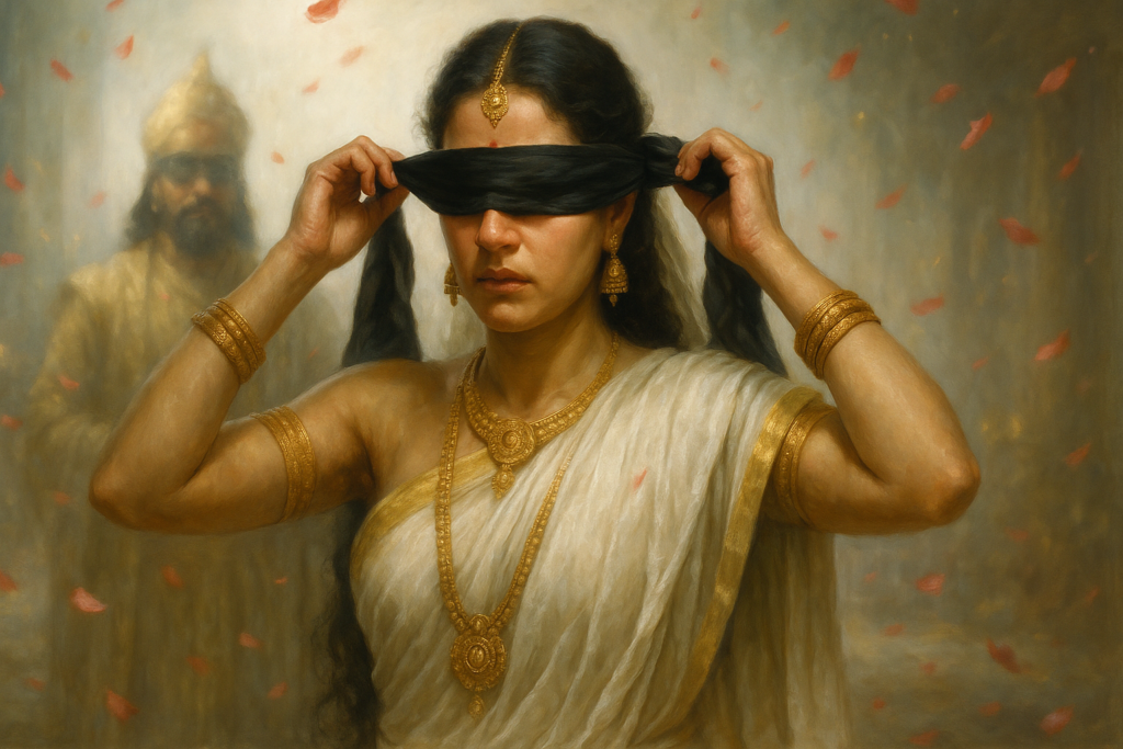 Gandhari from Mahabharata blindfolding herself out of love for Dhritarashtra