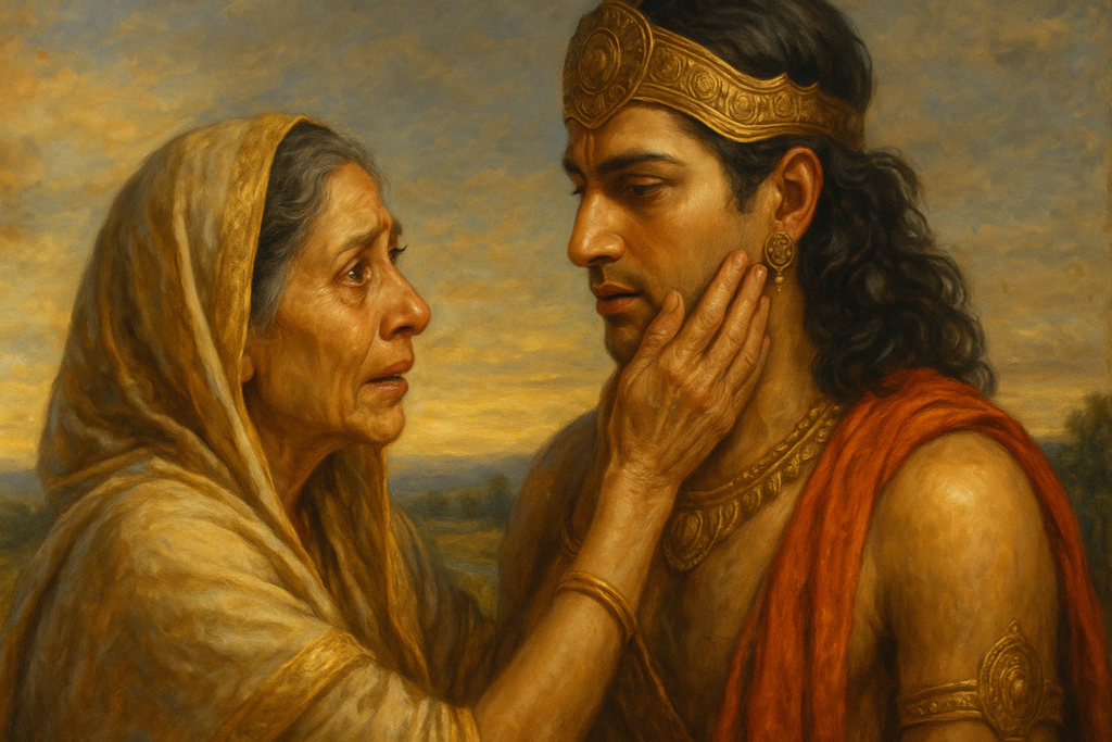 Kunti in Mahabharata revealing to Karna that she is his mother