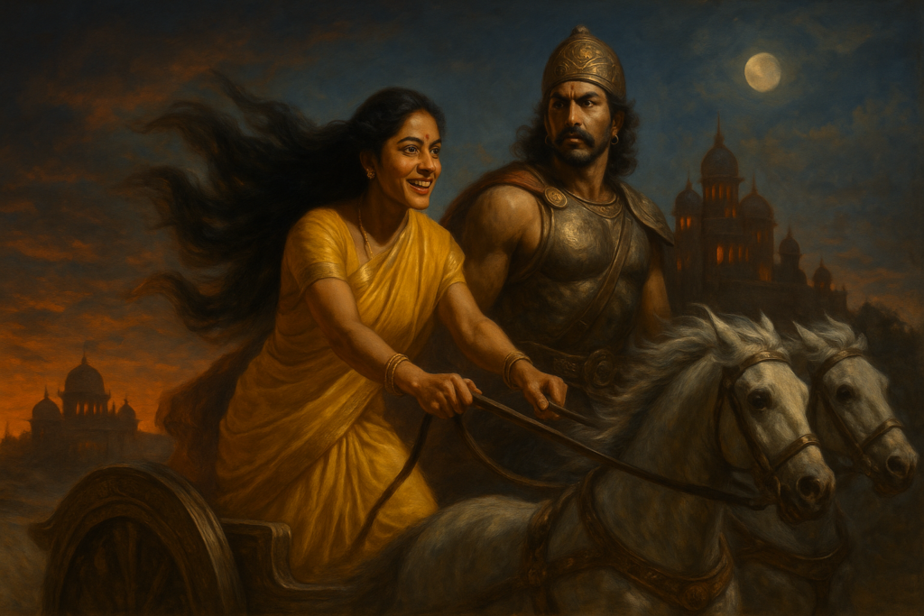 Subhadra eloping with Arjuna in Mahabharata, driving the chariot herself