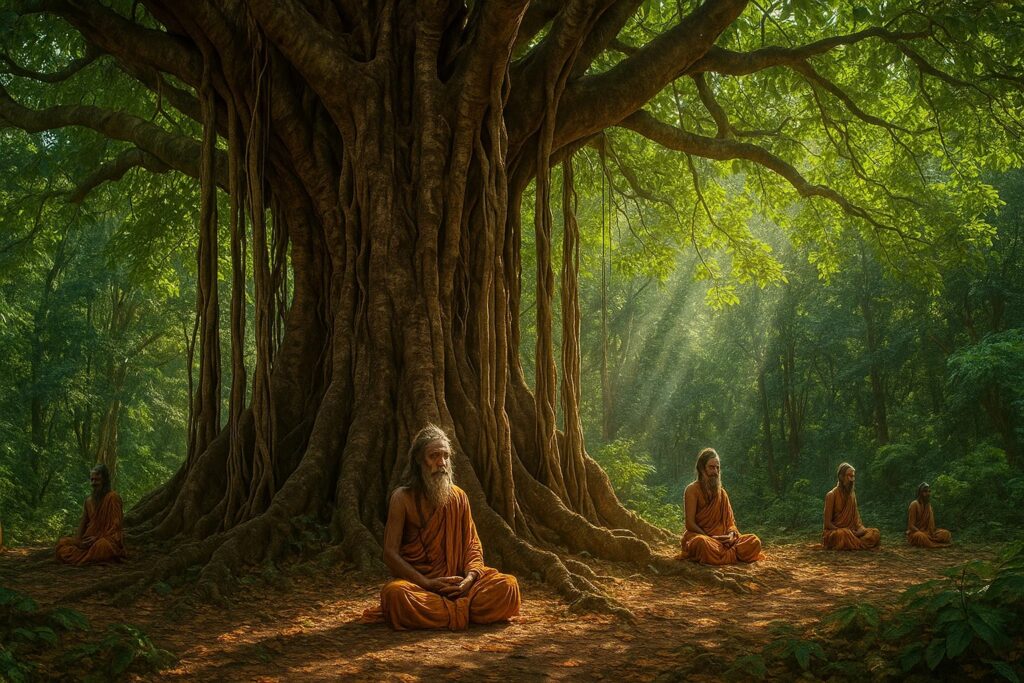 A stunning ultra-realistic depiction of a giant banyan tree serving as a spiritual sanctuary for sages, symbolizing immortality and wisdom