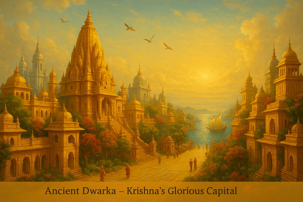 A digital painting of ancient Dwarka, the legendary city built by Krishna, shining with divine opulence