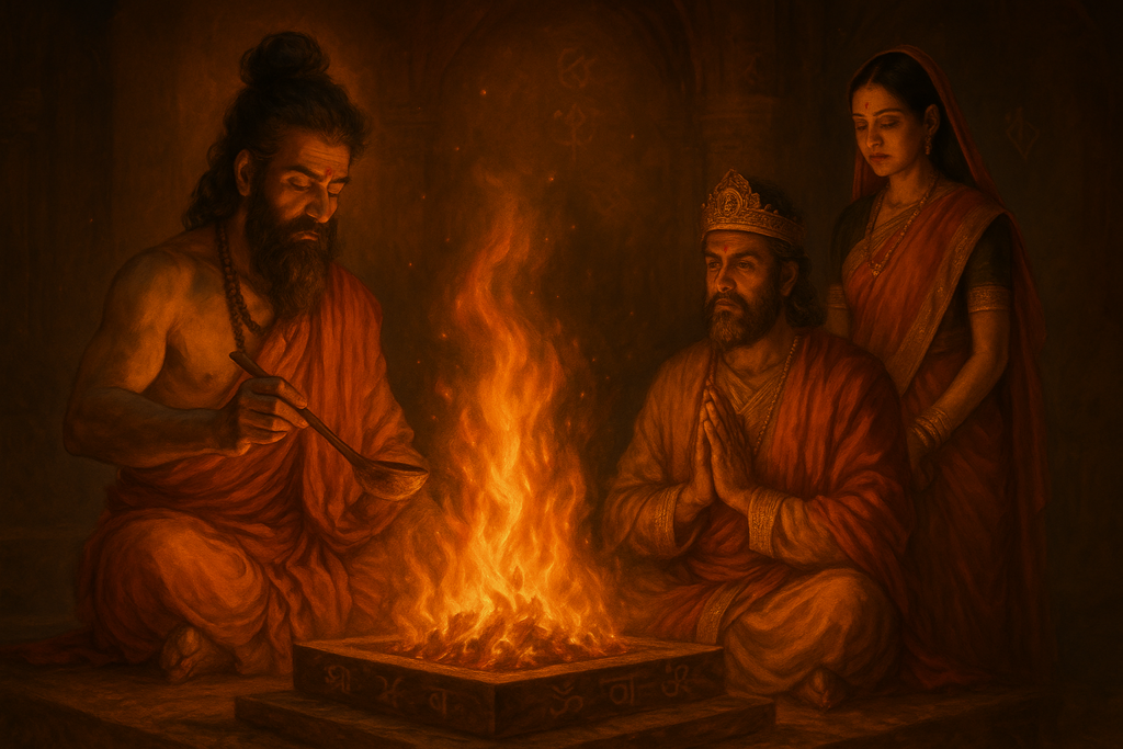 Rishyasringa performs the Putrakameshti Yagna as Shanta stands behind him — the moment before Rama’s divine birth.
