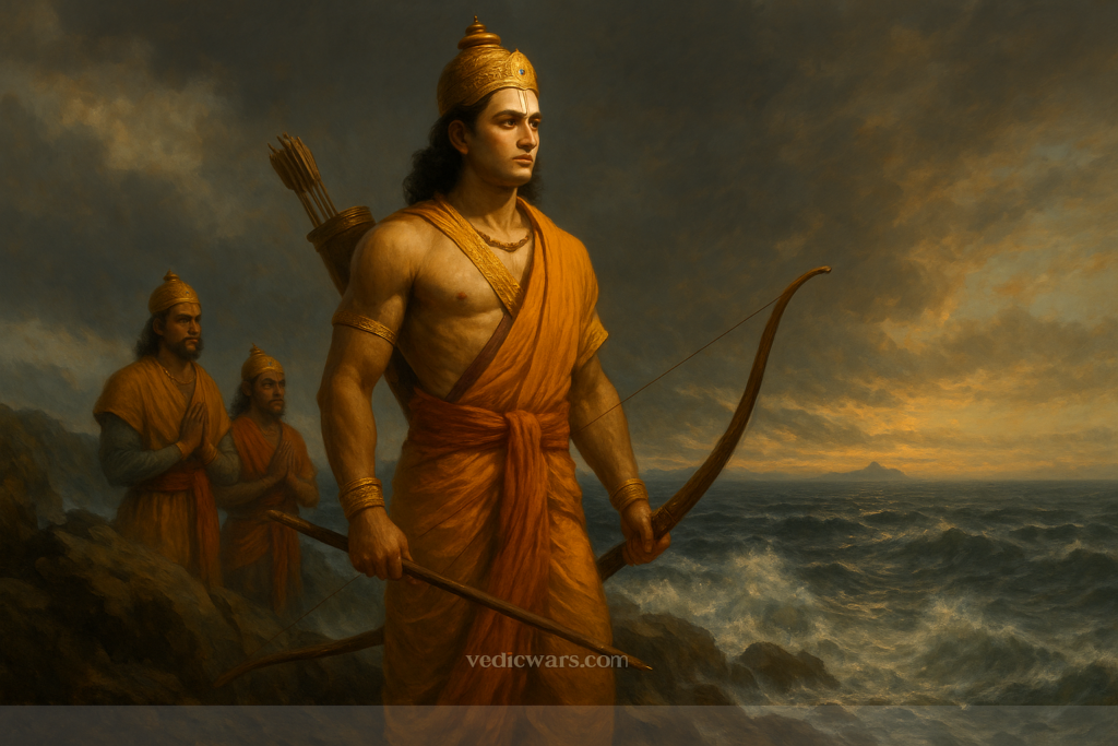 Lord Rama stands at the ocean’s edge, envisioning the Ram Setu bridge to Lanka.