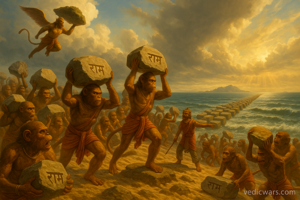 Vanara Sena builds the Ram Setu bridge with floating stones across the ocean.