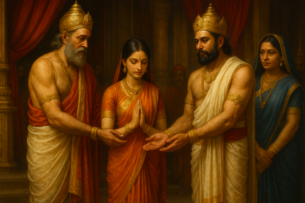 Dasharatha gives Princess Shanta to King Romapada in a sacred royal adoption ceremony