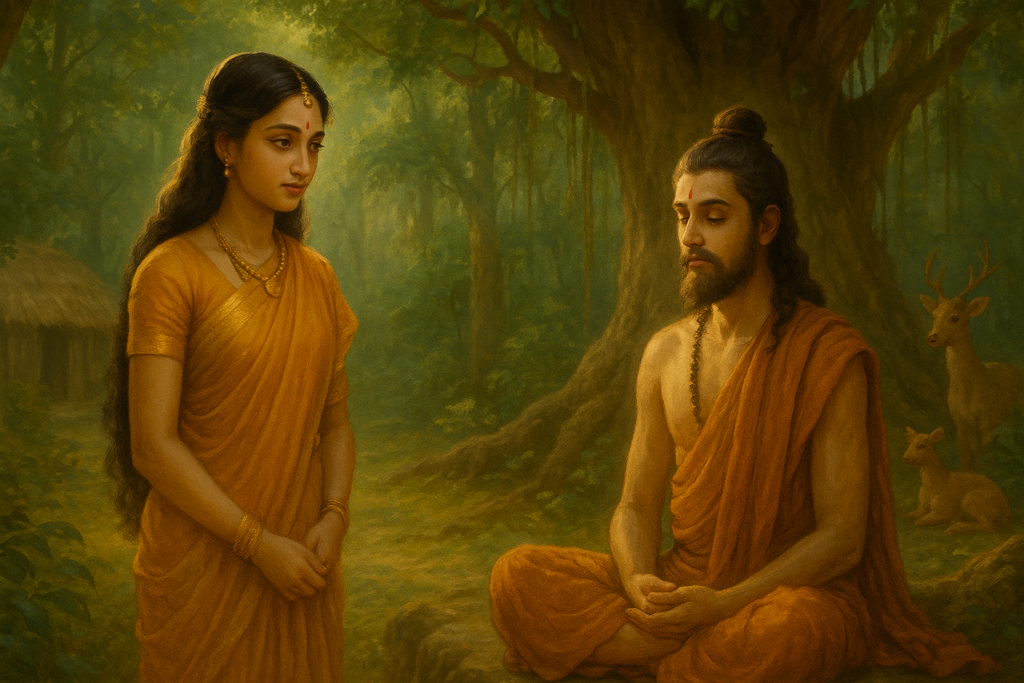 Princess Shanta approaches Sage Rishyasringa in his forest ashram — a meeting that would shape destiny.