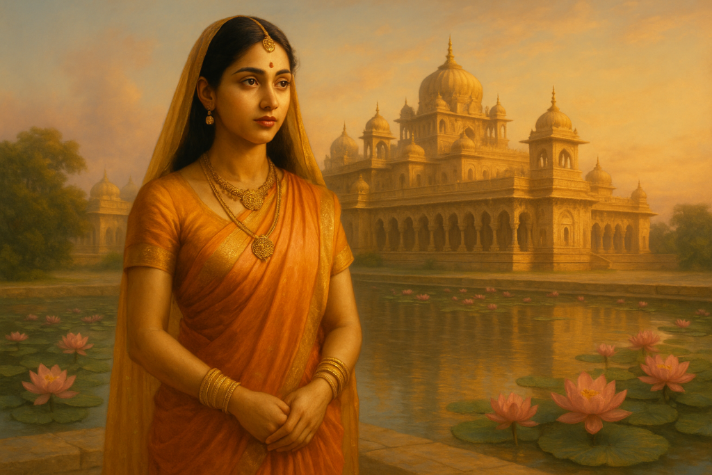 Princess Shanta stands at the edge of Ayodhya palace, silently preparing for a future unknown.