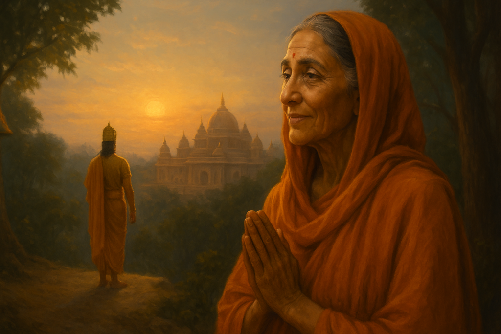 Shanta stands in silent solitude, watching Rama’s coronation from afar — a sister forgotten but never removed from fate.