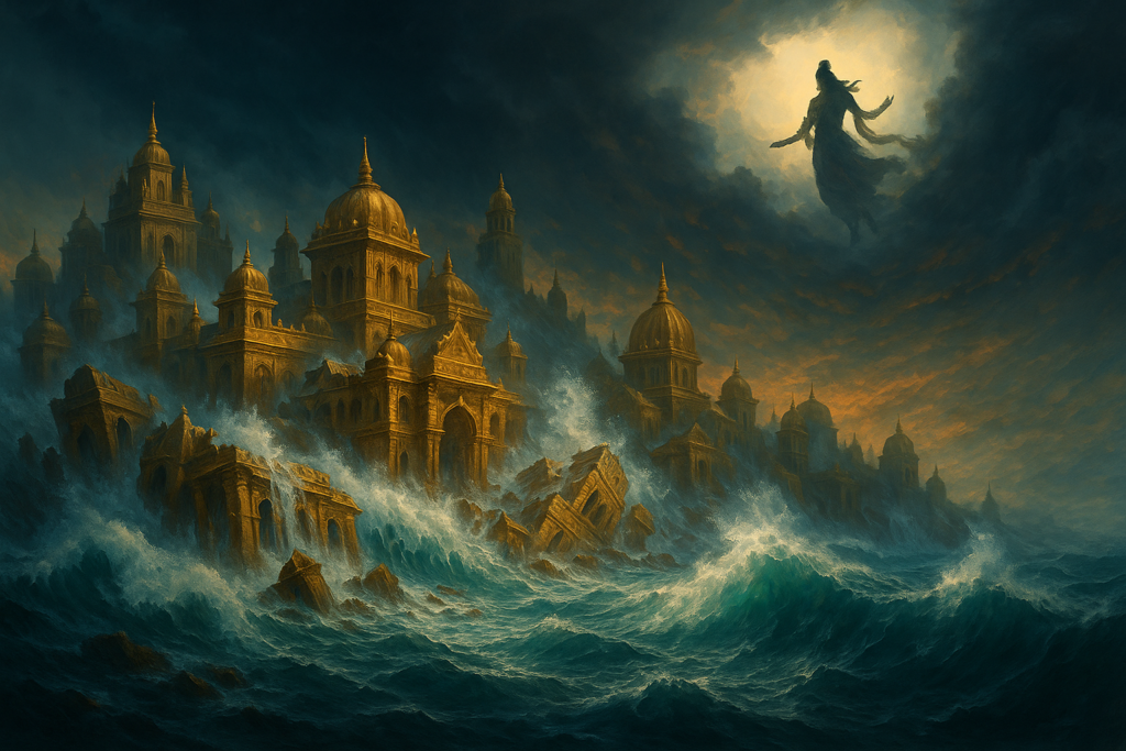 The mythical submergence of Dwarka after Krishna’s departure, as described in the Mahabharata