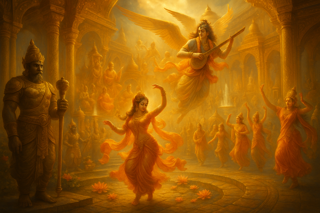 ndra’s Celestial Court with Yakshas, Gandharvas, and Apsaras