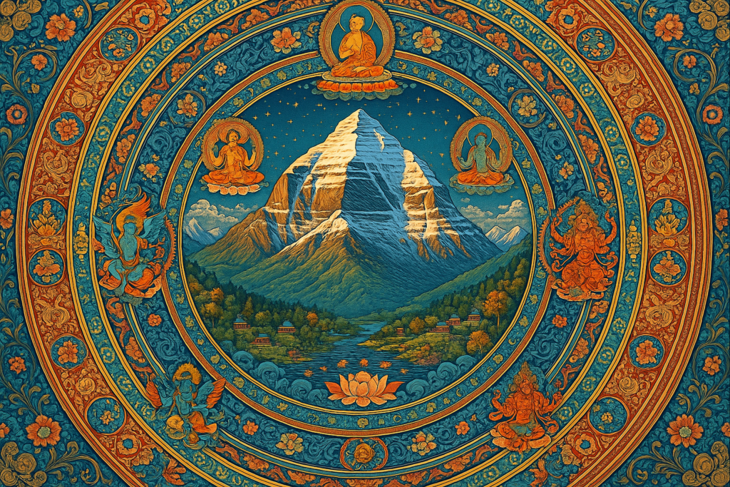 Tibetan Thangka of Mount Kailash with Mandala and Deities