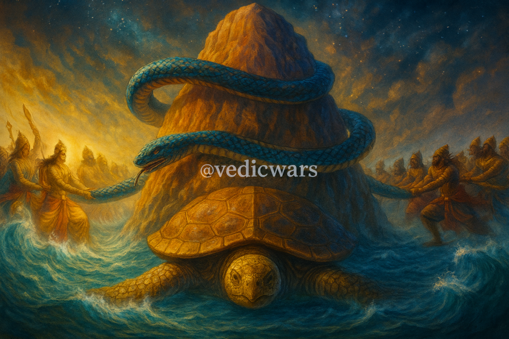 Samudra Manthan with Kurma avatar supporting Mount Mandara