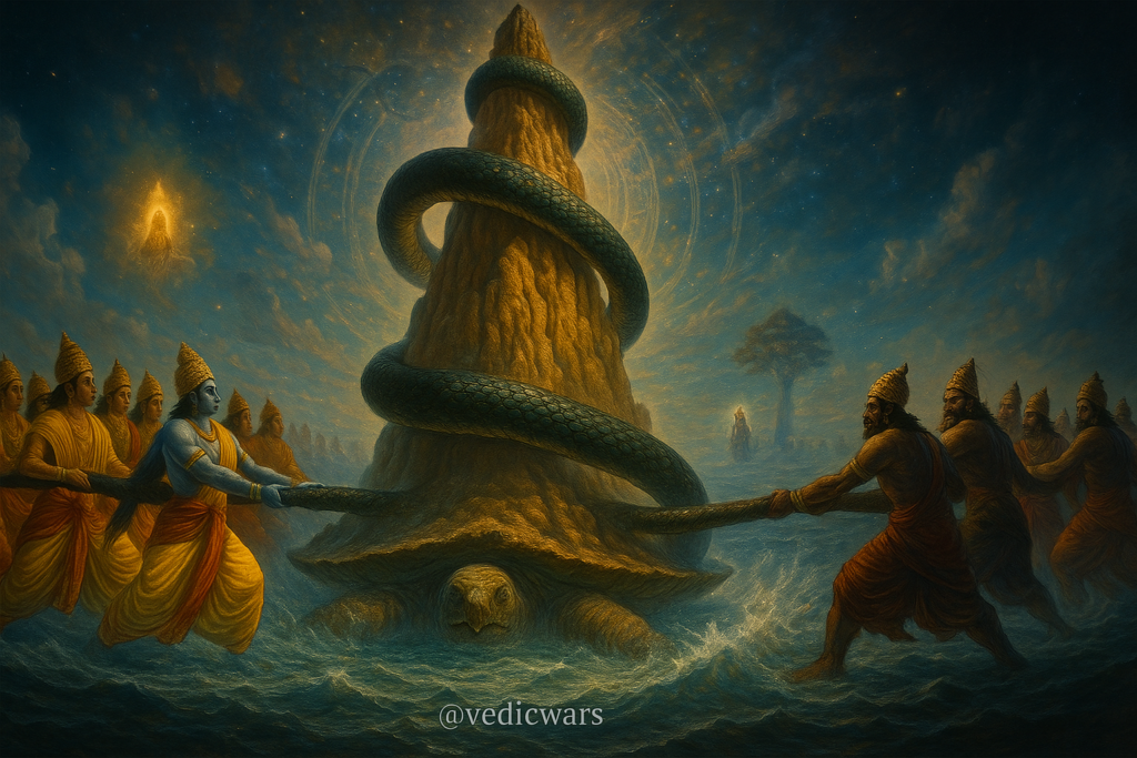 overview scene with Mandara, Vasuki, devas and asuras