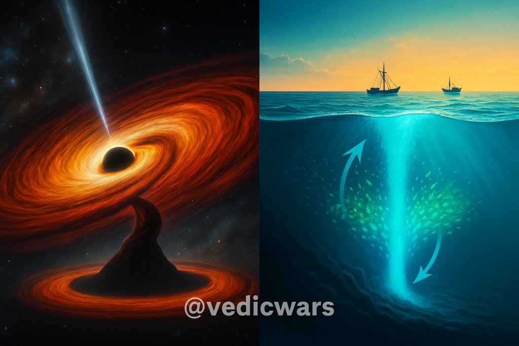 Samudra Manthan science parallels showing accretion disk and ocean upwelling