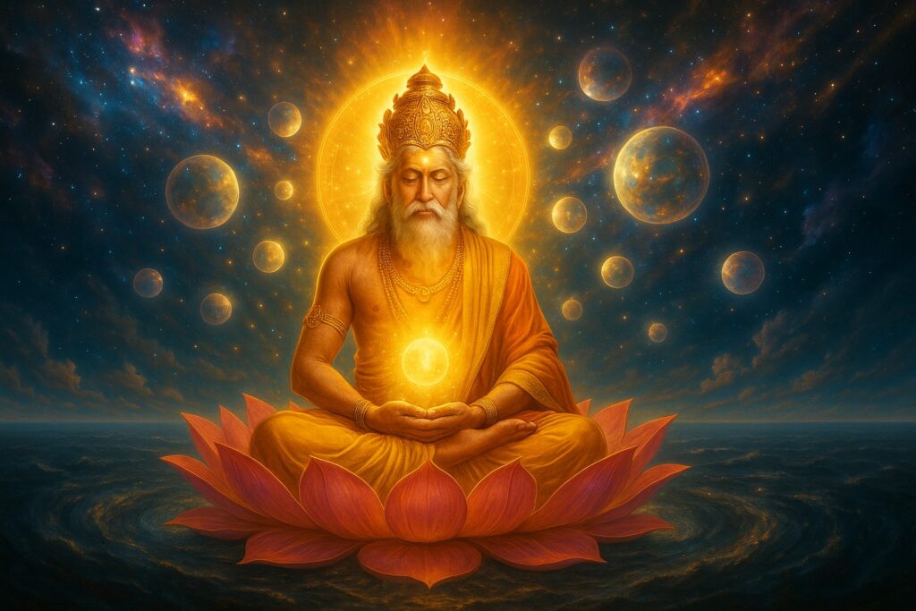 Brahma meditating and creating universes in Hindu cosmology