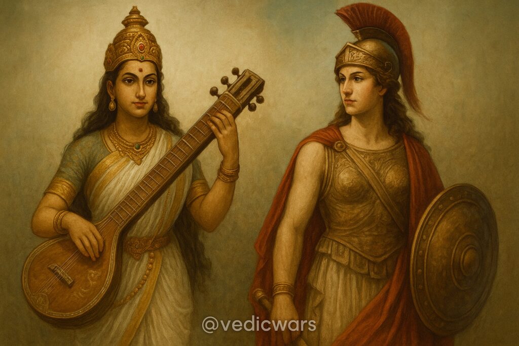 Hindu Gods vs Greek Deities — Saraswati and Athena guiding wisdom and arts