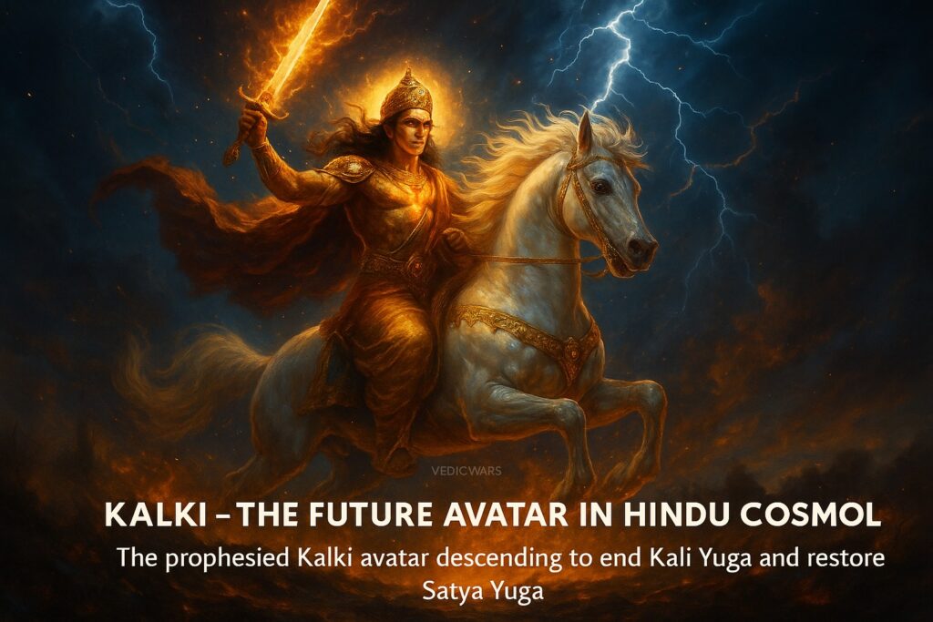 Kalki avatar of Vishnu riding a white horse to end Kali Yuga