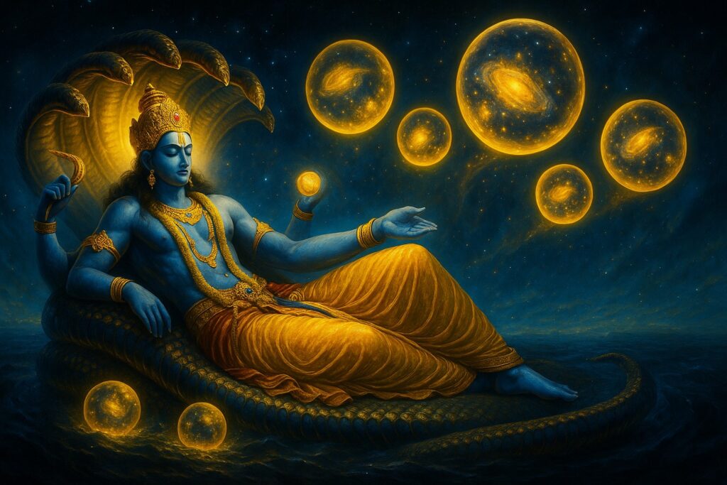 Maha Vishnu reclining with countless universes emerging from him