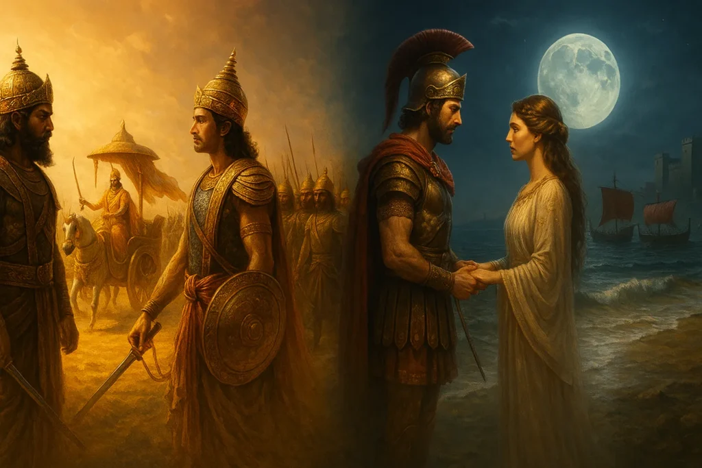 Pandavas and Kauravas preparing for battle beside Paris and Helen symbolizing the causes of two wars