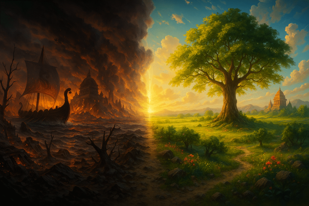 Zoroastrian savior figure at the final judgment with a river of molten metal