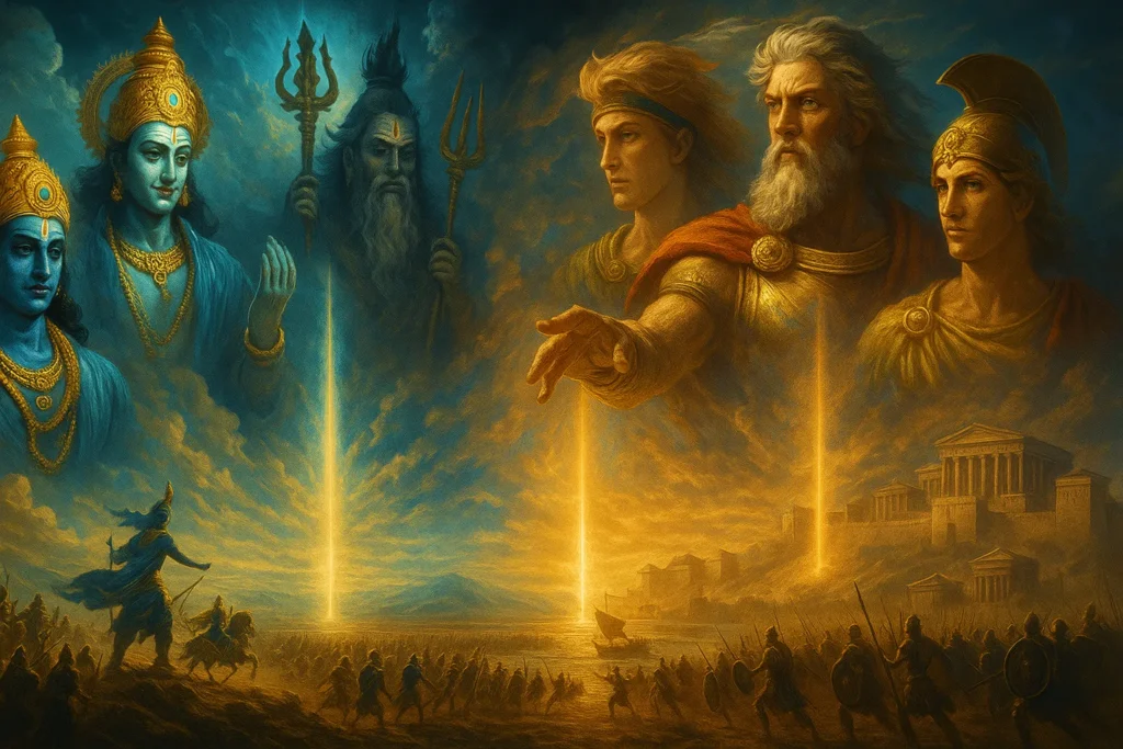 Hindu and Greek gods intervening in human wars from the heavens