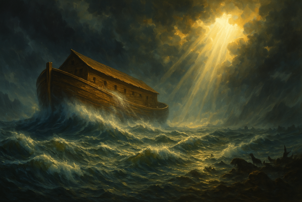 Noah’s Ark floating on flood waters under a stormy sky