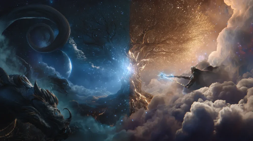 Hindu Gods vs Norse Gods — Indra and Thor in a split cosmic scene symbolizing ancient mythological parallels