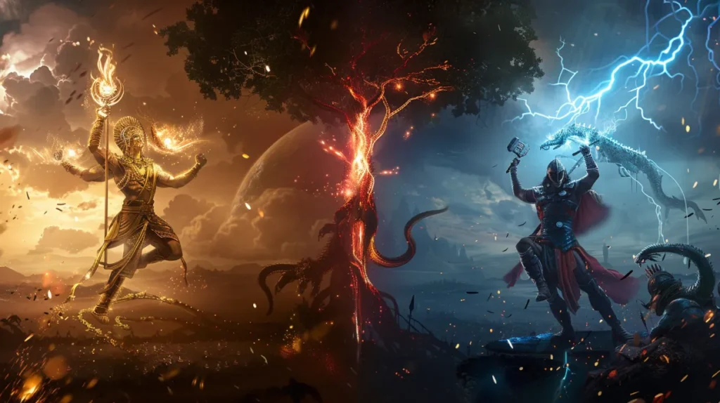 Hindu Gods vs Norse Gods — Indra and Thor in a split cosmic scene symbolizing ancient mythological parallels