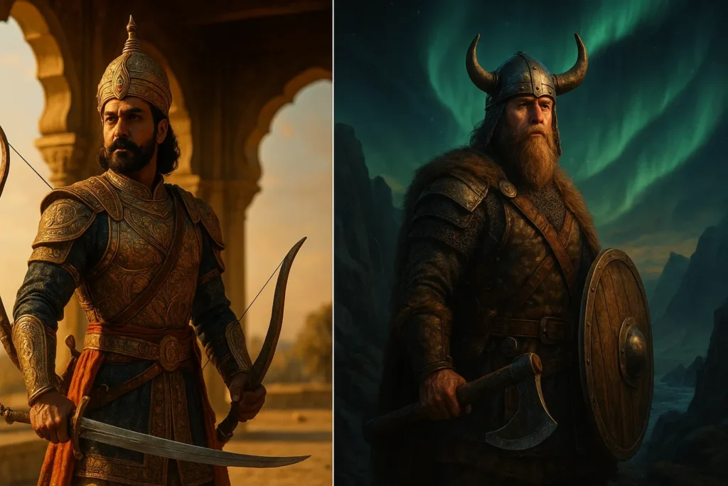 Hindu Kshatriya and Norse Viking warrior side by side, ready for battle.