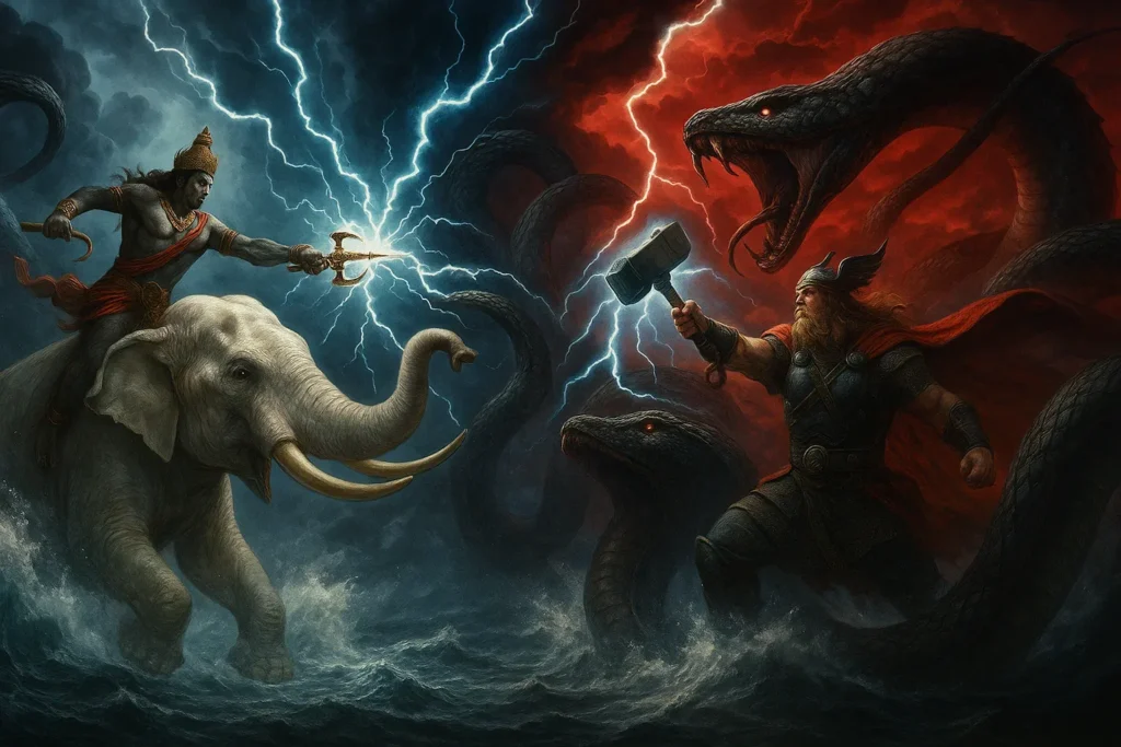 Indra hurling lightning at serpent demon Vritra; Thor battling the Midgard Serpent under stormy skies.