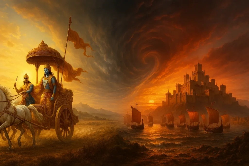 Kurukshetra and Trojan War scenes merging into one cosmic battlefield