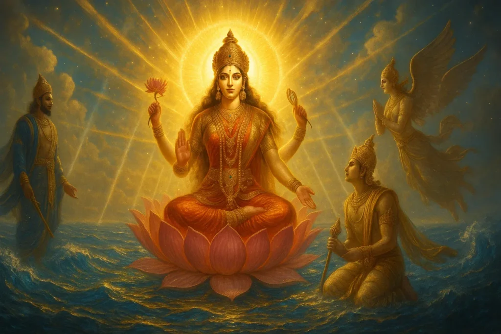 Goddess Lakshmi emerging from the ocean of milk during Samudra Manthan.