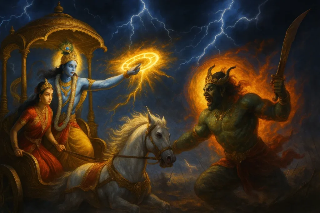 Lord Krishna defeats demon king Narakasura under a stormy night sky.