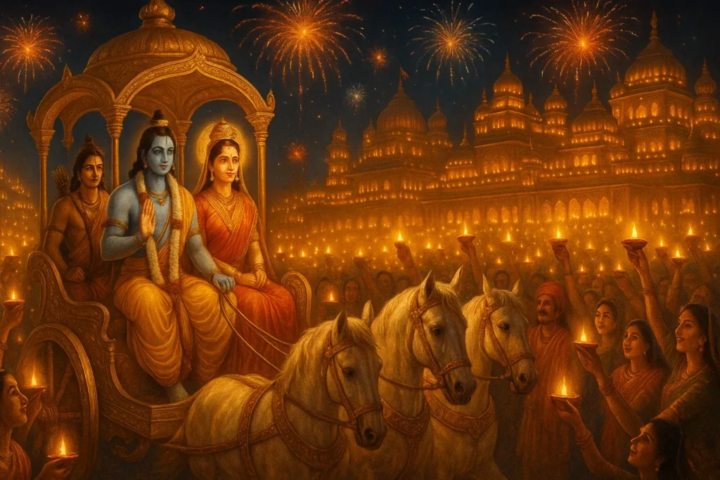 Lord Rama, Sita, and Lakshmana returning to Ayodhya as people light diyas.
