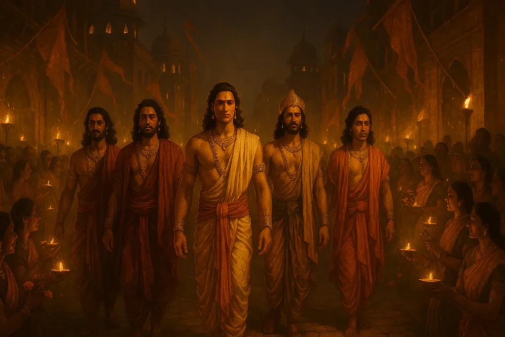 The Pandavas returning home as citizens light lamps in celebration.