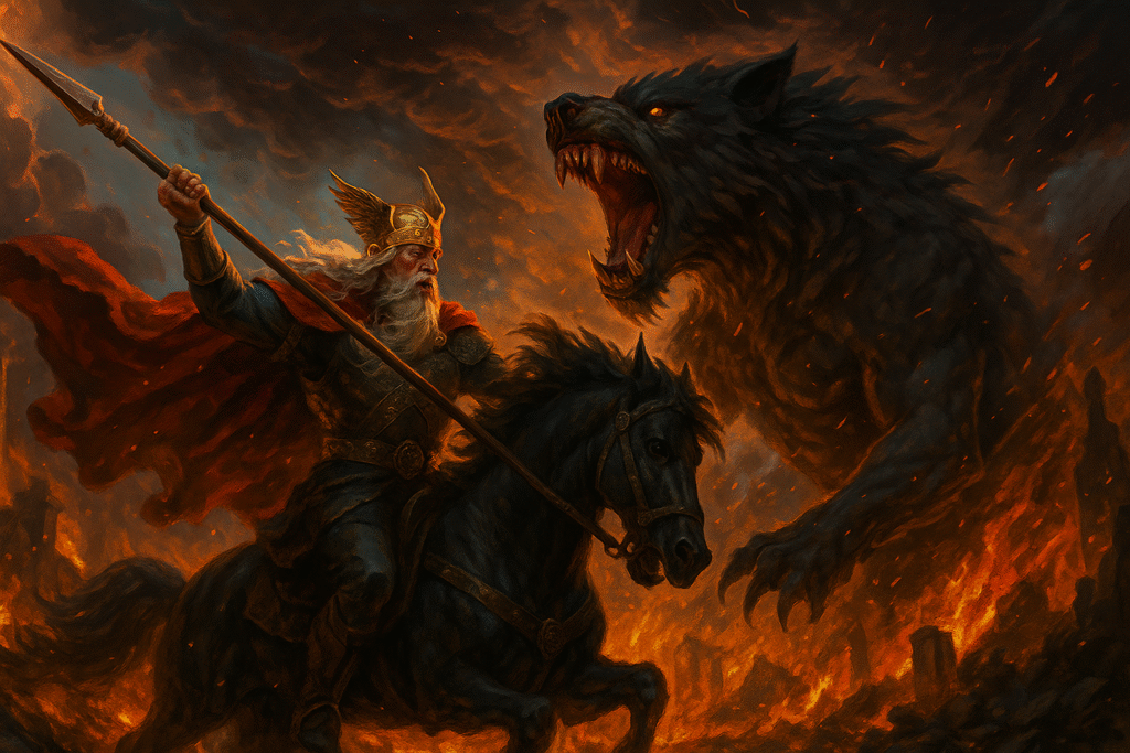 Odin and the Norse gods in battle with Fenrir and monsters during Ragnarök