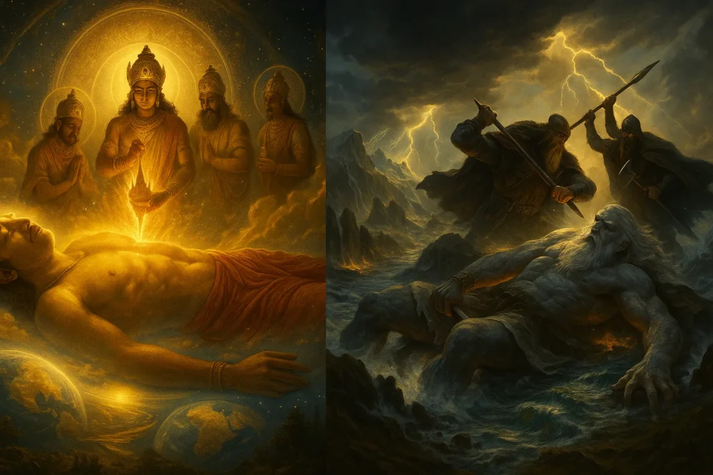 Illustration of the Vedic cosmic man Purusha being sacrificed and the Norse giant Ymir’s body used to form the world.