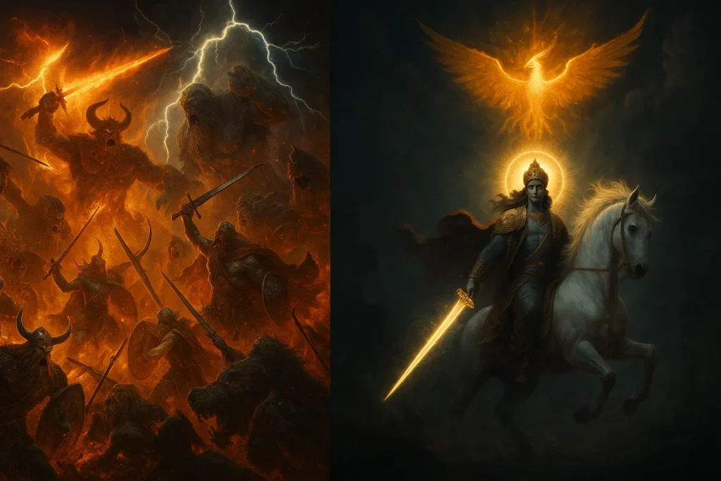Ragnarök battlefield and Hindu Kalki avatar descending at the end of Kali Yuga.