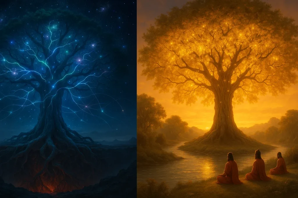 Split-screen image showing Norse Yggdrasil tree connecting the Nine Worlds, and a sacred Ashvattha fig tree symbolizing the cosmic tree in Hindu thought.