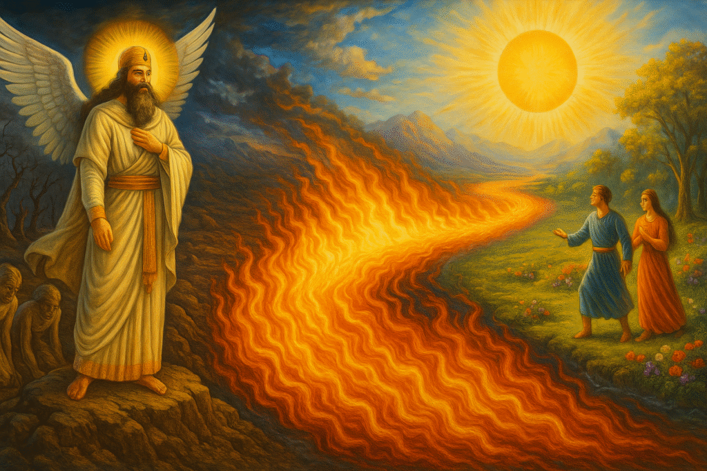 Concept art showing a world in ruins transforming into a renewed green world