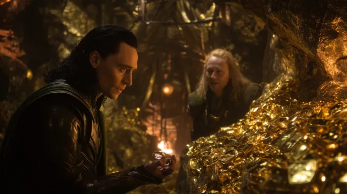 The dwarf Andvari holds out a gleaming ring while pronouncing a curse, as Loki slyly watches, with gold treasure in the backdrop.