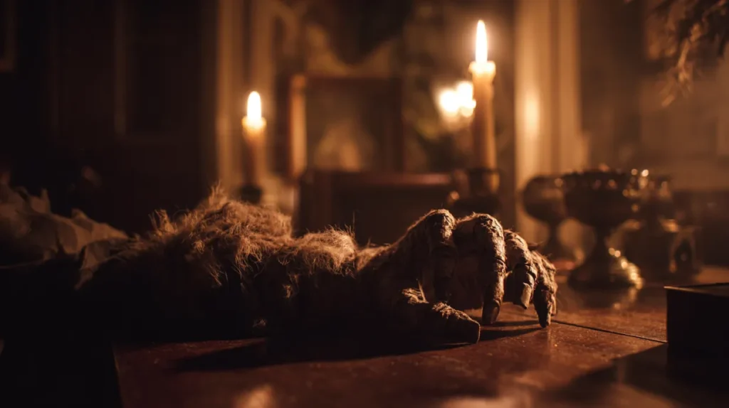 A withered monkey’s paw on a table in a dimly lit room, poised to grant a wish, symbolizing a wish with dark consequences.