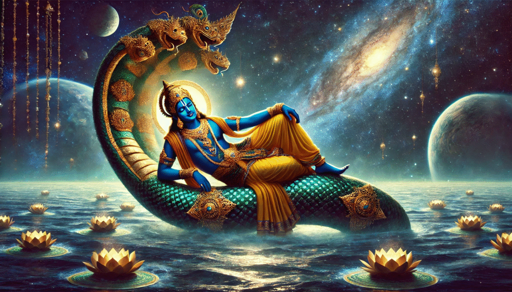 Vishnu rests on the coils of the endless serpent Shesha in the cosmic Ocean of Milk