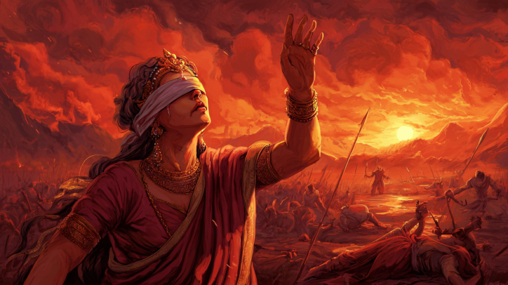 Queen Gandhari, blindfolded and sorrowful, raises her hand to curse Lord Krishna on the battlefield.