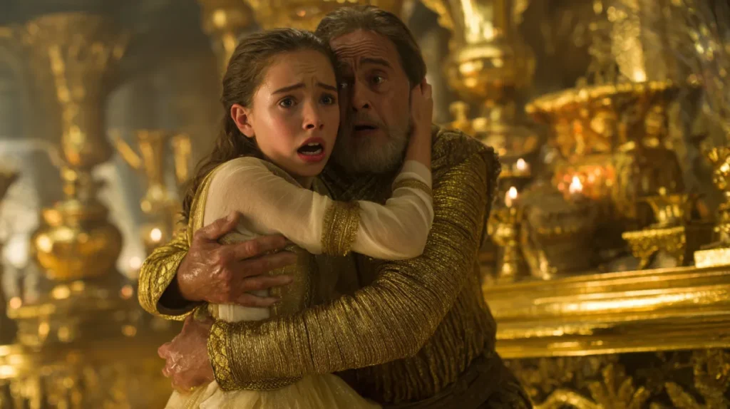 King Midas horrified as he touches his daughter, who transforms into a golden statue amid a golden palace setting.