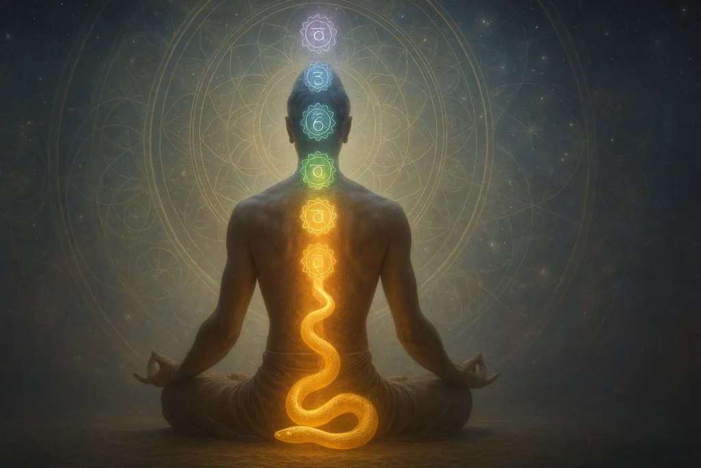 Serpent energy rising through chakras in a mystical spiritual visualization in Serpent lore in mythology.