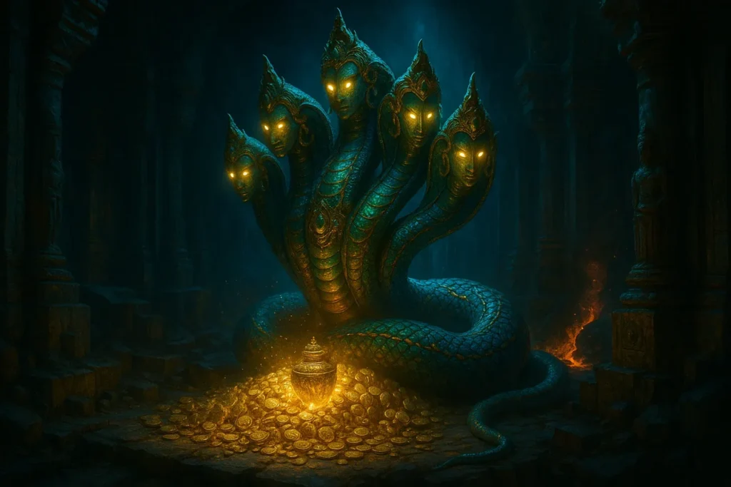 In Hindu mythology, Nagas are not just fearsome—many are guardians of divine treasures hidden deep beneath the earth.