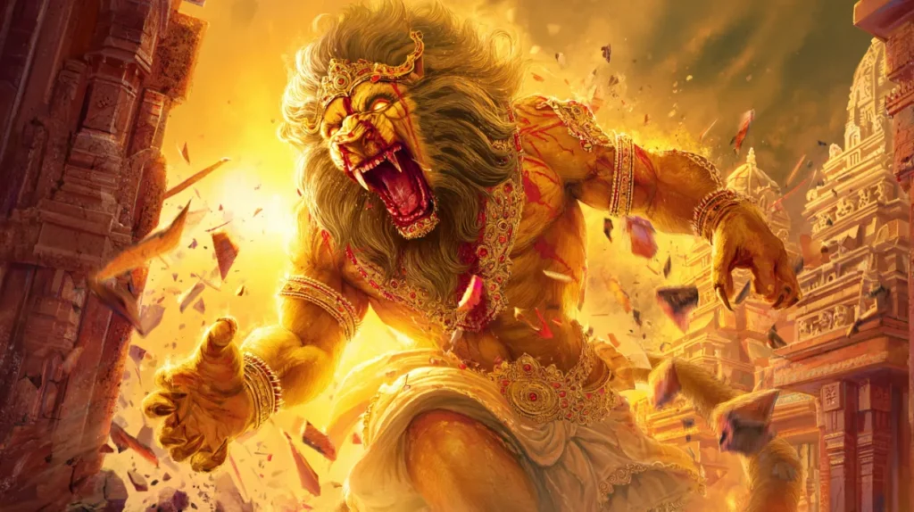Lord Narasimha, the half-man half-lion avatar, tearing apart King Hiranyakashipu at twilight on a palace threshold.
