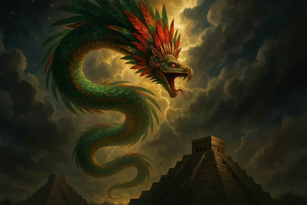 Quetzalcoatl, the feathered serpent god, descending over an Aztec pyramid in Serpent Lore in Mythology